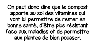 On peut donc dire que le compost apporte au sol des vitamines qui vont lui permettre de rester en bonne santé, d être   
