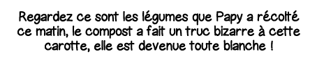 Regardez ce sont les légumes que Papy a récolté ce matin, le compost a fait un truc bizarre à cette carotte, elle est   
