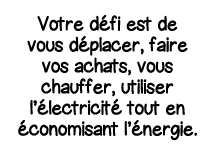 Votre défi est de vous déplacer, faire vos achats, vous chauffer, utiliser l électricité tout en économisant l énergie 