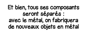Et bien, tous ses composants seront séparés : avec le métal, on fabriquera de nouveaux objets en métal