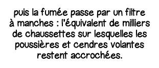 puis la fumée passe par un filtre à manches : l équivalent de milliers de chaussettes sur lesquelles les poussières e   