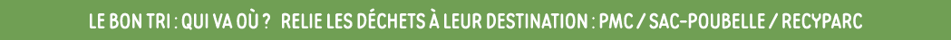 Le bon tri : qui va où    relie les déchets à leur destination : pmc   SAC-POUBELLE   recyparc