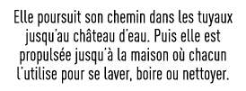 Elle poursuit son chemin dans les tuyaux jusqu au château d eau  Puis elle est propulsée jusqu à la maison où chacun    