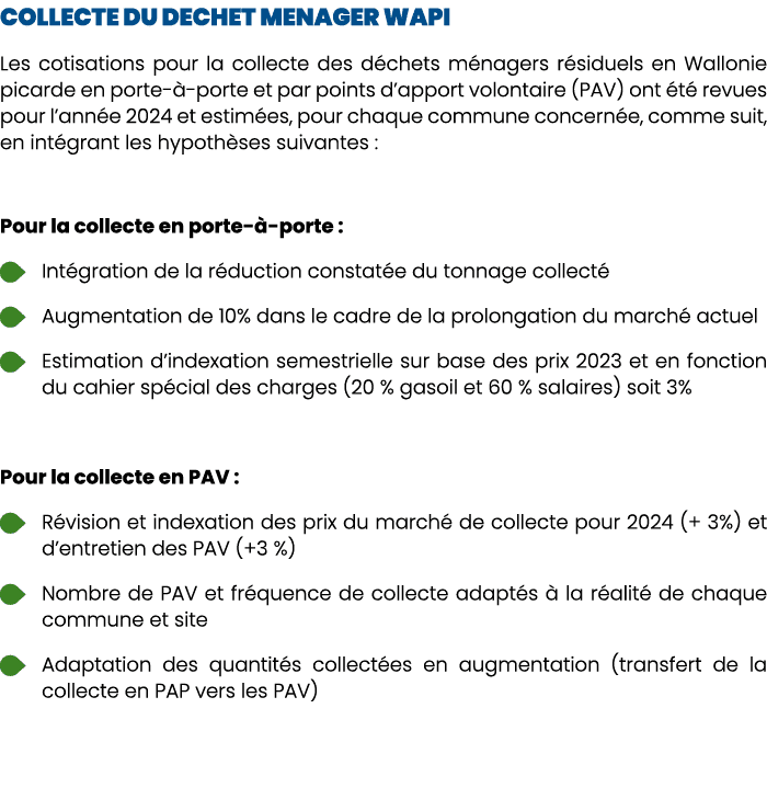 COLLECTE DU DECHET MENAGER WAPI Les cotisations pour la collecte des d chets m nagers r siduels en Wallonie picarde e...