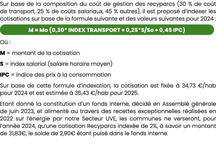 Sur base de la composition du co t de gestion des recyparcs (30 % de co t de transport, 25 % de co ts salariaux, 45 %...