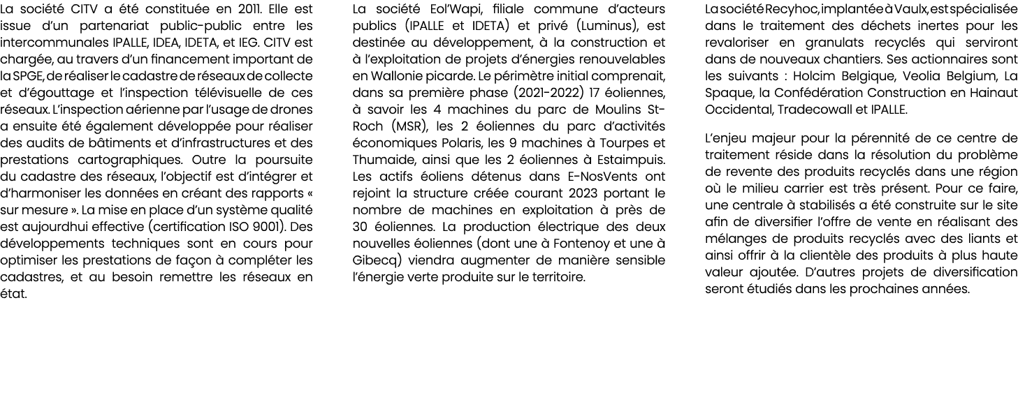 La soci t CITV a  t  constitu e en 2011. Elle est issue d’un partenariat public public entre les intercommunales IPA...