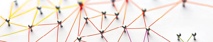Linking entities. Networking, social media, SNS, internet communication abstract. Small network connected to a larger network. Web of red, orange and yellow wires on white background. Shallow DOF. 