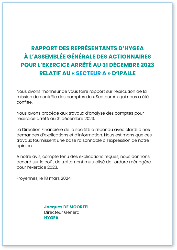  RAPPORT DES REPRÉSENTANTS D HYGEA À L ASSEMBLÉE GÉNÉRALE DES ACTIONNAIRES POUR L EXERCICE ARRÊTÉ AU 31 DÉCEMBRE 2023   