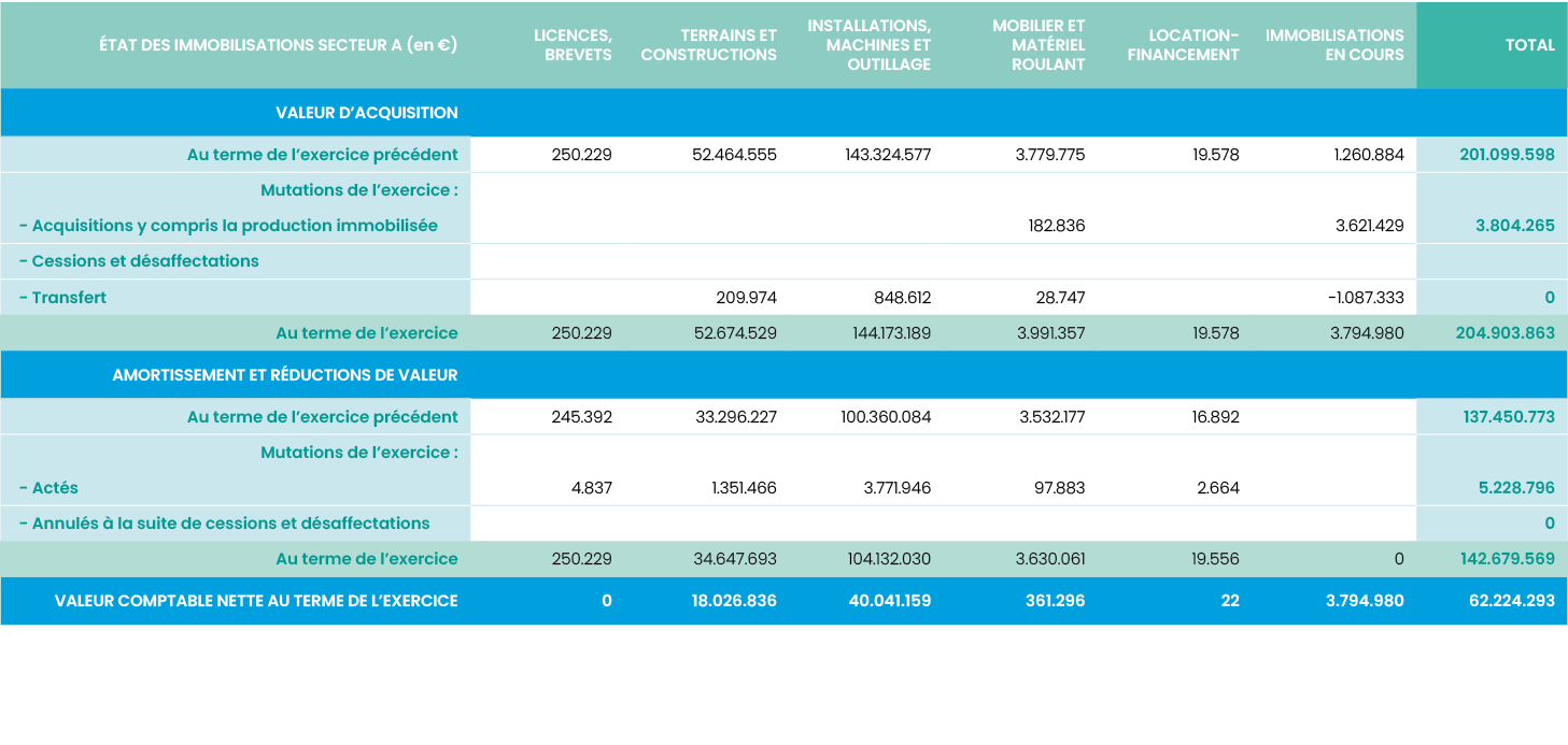 éTAT DES IMMOBILISATIONS secteur A (en  ),Licences, brevets,Terrains et constructions,Installations, machines et outi   