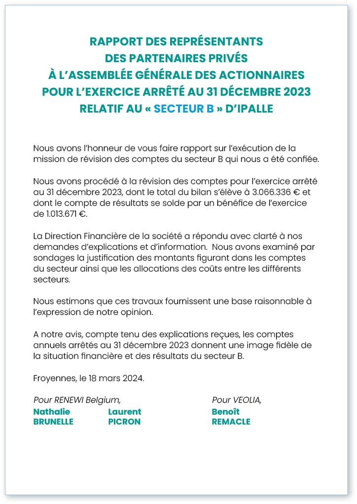 RAPPORT DES REPRÉSENTANTS DES PARTENAIRES PRIVÉS À L ASSEMBLÉE GÉNÉRALE DES ACTIONNAIRES POUR L EXERCICE ARRÊTÉ AU 31   