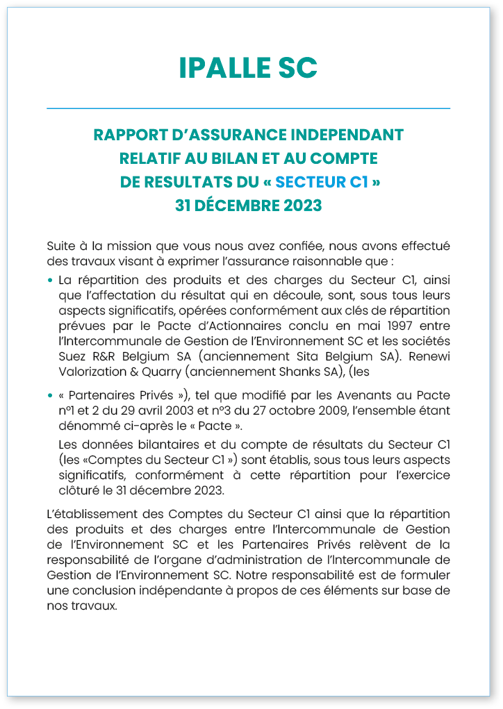 IPALLE SC RAPPORT D ASSURANCE INDEPENDANT RELATIF AU BILAN ET AU COMPTE DE RESULTATS DU   SECTEUR C1   31 DÉCEMBRE 20   