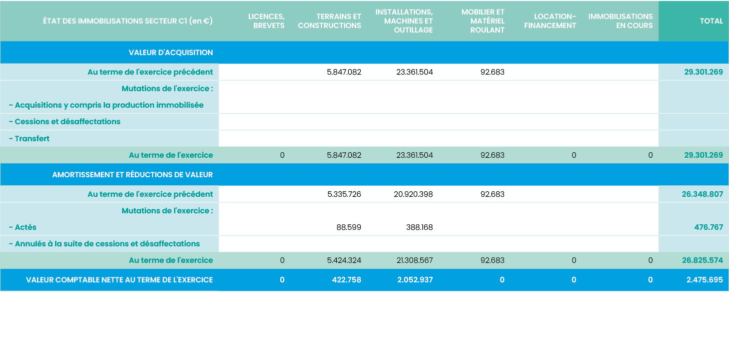 éTAT DES IMMOBILISATIONS secteur C1 (en  ),Licences, brevets,Terrains et constructions,Installations, machines et out   