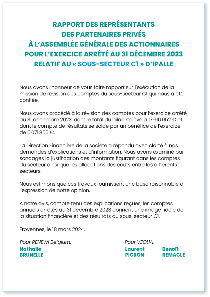 RAPPORT DES REPRÉSENTANTS DES PARTENAIRES PRIVÉS À L ASSEMBLÉE GÉNÉRALE DES ACTIONNAIRES POUR L EXERCICE ARRÊTÉ AU 31   