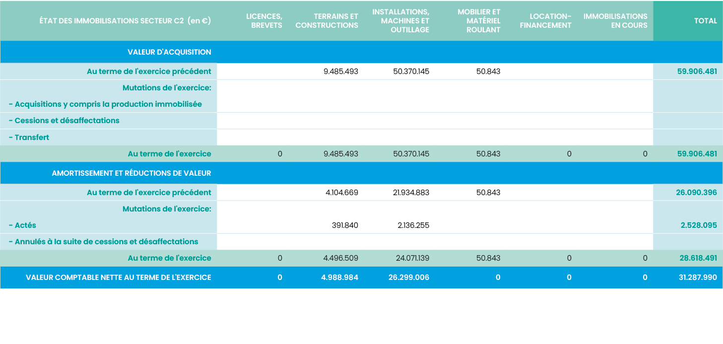 éTAT DES IMMOBILISATIONS secteur C2 (en  ),Licences, brevets,Terrains et constructions,Installations, machines et out   