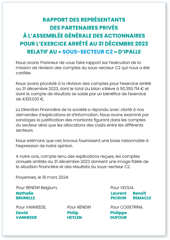 RAPPORT DES REPRÉSENTANTS DES PARTENAIRES PRIVÉS À L ASSEMBLÉE GÉNÉRALE DES ACTIONNAIRES POUR L EXERCICE ARRÊTÉ AU 31   