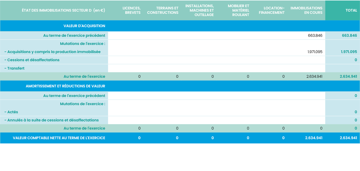 éTAT DES IMMOBILISATIONS secteur D (en  ),Licences, brevets,Terrains et constructions,Installations, machines et outi   