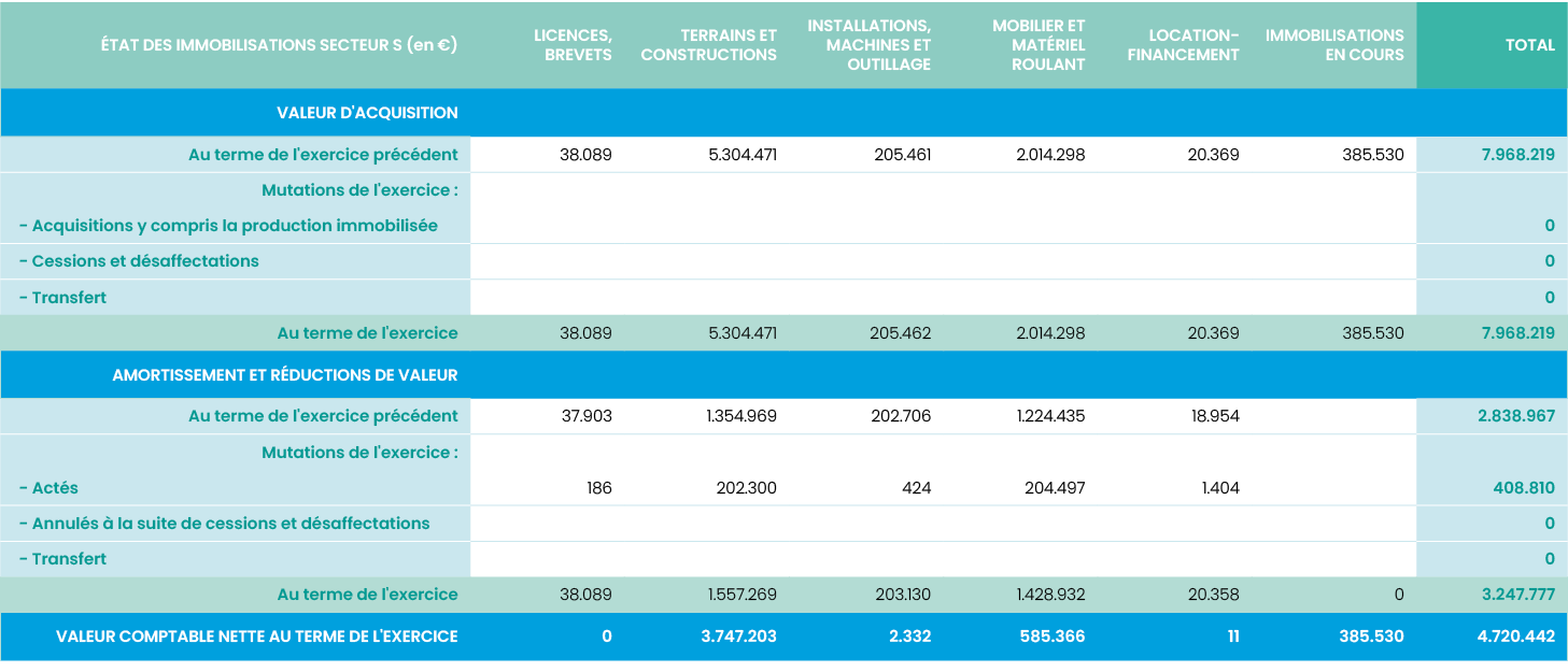 éTAT DES IMMOBILISATIONS secteur S (en  ),Licences, brevets,Terrains et constructions,Installations, machines et outi   