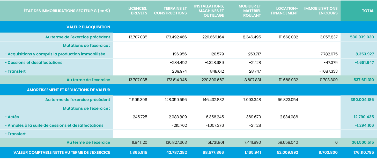 éTAT DES IMMOBILISATIONS secteur G (en  ),Licences, brevets,Terrains et constructions,Installations, machines et outi   